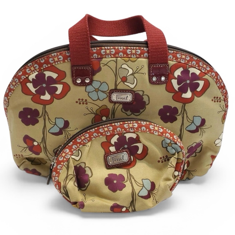 Fossil Floral Canvas Satchel Tan and Red Cosmetic Bag Duo New